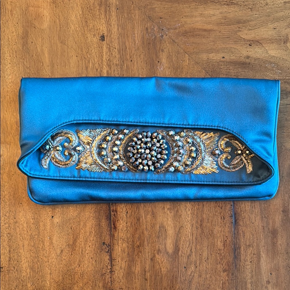Elegant Alberta Ferretti Satin Teal Clutch with Gold Embellishments